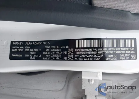 2020 Alfa Romeo Stelvio Rwd z USA, uszkodzony, nr VIN ZASPAJAN2L7C92247